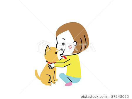 A girl hugging a shiba inu, a shiba inu licking her face 87248053