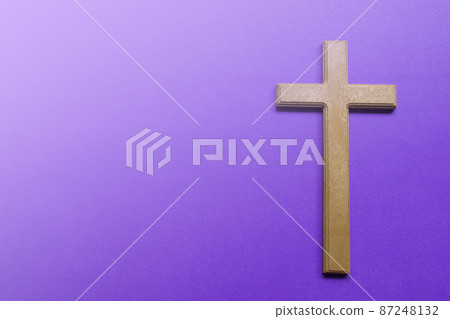 Palm leaves on purple background. Holy week and Lent season concept. 87248132