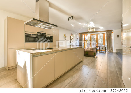 Kitchen in a new luxury home, hardwood floors, dark cabinets 87248692