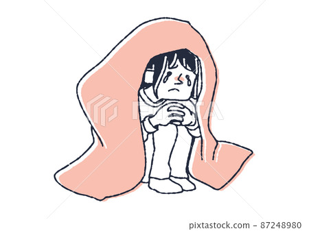一個穿著毯子的沮喪的女人，一個手寫的人物插圖，矢量線圖上的簡單著色，白色背景 87248980