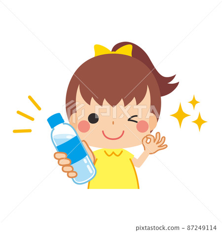 Illustration of a cute little girl who carries water from a plastic bottle to prevent heat stroke. White background clip art 87249114