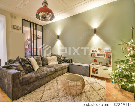 living room with soft gray sofa in Scandinavian style 87249115
