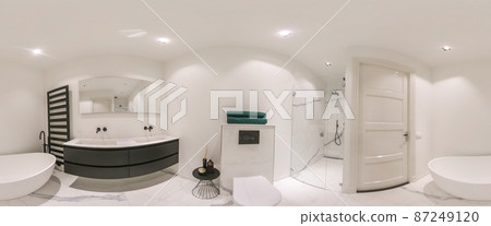 Luxury modern home bathroom interior with dark cabinets, white marble 87249120