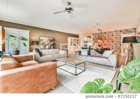 Spacious upholstered living room with a spacious sofa and coffee table 87250217