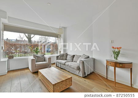 Spacious living room interior with fireplace and dining table 87250555