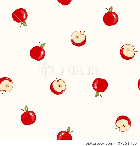 Seamless pattern with apple on white background. Natural delicious fresh tasty fruit. Vector illustration for print, fabric, textile, banner, other design. Stylized apples with leaves. Food concept Seamless pattern with apple on white background. Natural delicious fresh tasty fruit. Vector illustration for print, fabric, textile, banner, other design. Stylized apples with leaves. Food concept 87251419