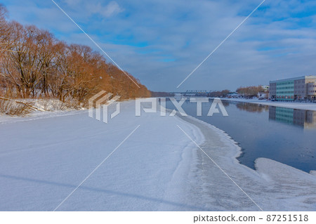beautiful view of the river covered with ice beautiful view of the river covered with ice 87251518