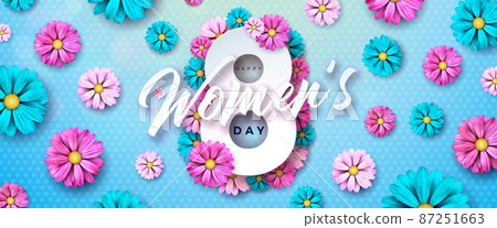 Happy Women's Day Floral Illustration. 8 March International Womens Day Vector Design with Colorful Spring Flower on Blue Background. Woman or Mother Day Theme Template for Flyer, Greeting Card, Web 87251663