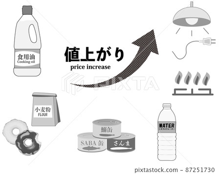 Monochrome illustration of a set of price-increasing items, cooking oil, flour, canned fish, mineral water, gas, electricity 87251730