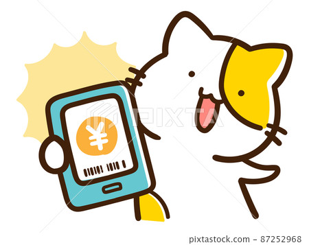 顯示智能手機支付屏幕的可愛貓的手寫風格插圖 顯示智能手機支付屏幕的可愛貓的手寫風格插圖 87252968