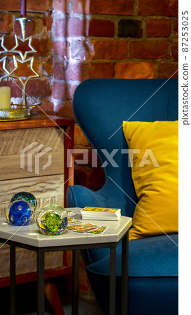 Blurred Tarot cards layout on witch table.Fortune telling and astrology, 87253025