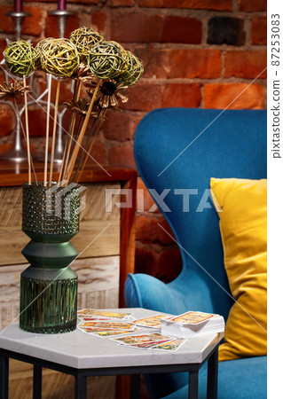 Blurred Tarot cards layout on witch table.Fortune telling and astrology, 87253083