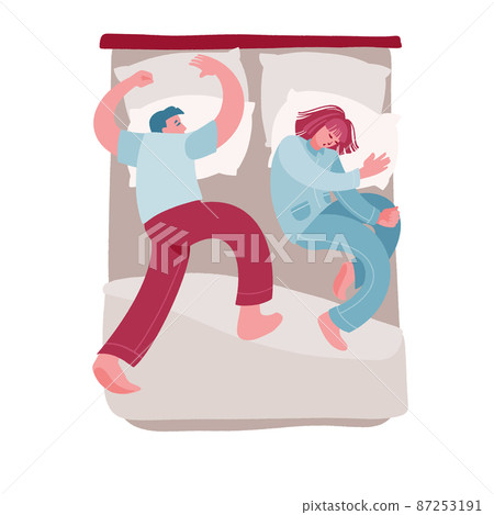Man and woman sleeping. Young couple nap on linens, pillows and blanket. 87253191