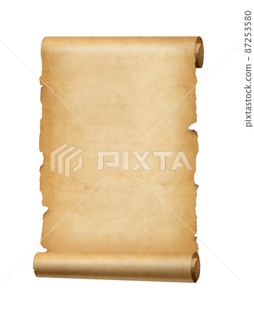 Old mediaeval paper sheet. Parchment scroll isolated on white 87253580