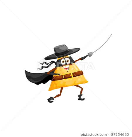 Cartoon mexican nachos character superhero in black hat and cape. Funny vector super hero tex mex snack in mask fence with rapier. Isolated fantasy personage, food of Mexico, courageous adventurer Cartoon mexican nachos character superhero in black hat and cape. Funny vector super hero tex mex snack in mask fence with rapier. Isolated fantasy personage, food of Mexico, courageous adventurer 87254660