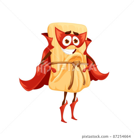 Cartoon tamales superhero character. Mexican fast food meal funny personage in mask, gloves and cape. Isolated tamales cheerful vector character, street restaurant comical mascot Cartoon tamales superhero character. Mexican fast food meal funny personage in mask, gloves and cape. Isolated tamales cheerful vector character, street restaurant comical mascot 87254664