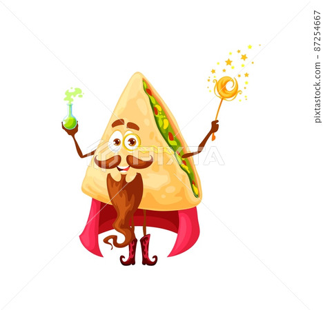 Cartoon mexican quesadilla wizard character with magic wand. Happy vector tex mex food necromancer, funny magician in cape with potion in glass flask. Snack sorcerer, magical personage, enchanter 87254667
