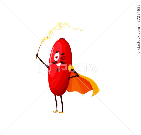 Cartoon barberry wizard with magic wand, vector magician or sorcerer berry character. Kids fairy tale personage barberry in orange magician cape making spell with magic wand 87254683
