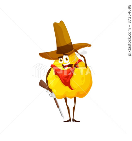 Cartoon cowboy or ranger quince personage. Vector fruit bandit or robber character with gun smoking cigar. Wild west hero in hat, boots and bandana. Western healthy food, horseman vitamin mascot 87254698