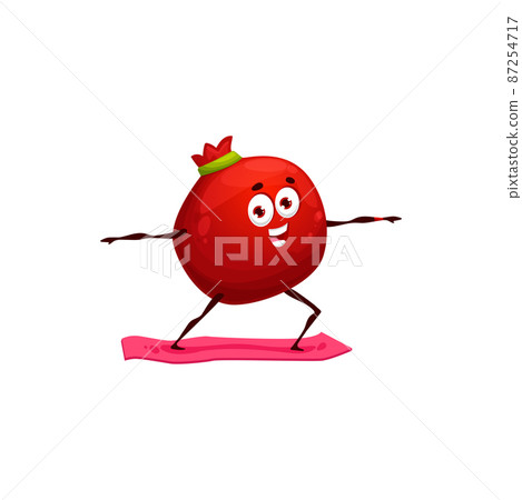 Fruit pomegranate doing sport exercise on yoga mat isolated cartoon character emoticon healthy lifestyle. Vector garnet stretching on yoga pilates, training at home or gym, exotic pomegranate mascot Fruit pomegranate doing sport exercise on yoga mat isolated cartoon character emoticon healthy lifestyle. Vector garnet stretching on yoga pilates, training at home or gym, exotic pomegranate mascot 87254717
