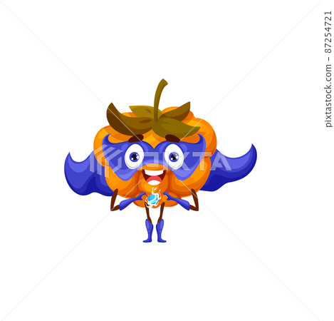 Cheerful cloudberry superhero character, cartoon vector funny berry in blue cape and mask holding power ball in hands. Brave plant super hero, vitamin fruit in cloak, fairytale healthy food personage 87254721