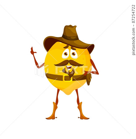 Cartoon sheriff or cowboy lemon character. Vector citrus fruit in hat, boots and gun on belt. Wild west texas ranger vitamin food hero. Western personage healthy plant, isolated lemon horseman Cartoon sheriff or cowboy lemon character. Vector citrus fruit in hat, boots and gun on belt. Wild west texas ranger vitamin food hero. Western personage healthy plant, isolated lemon horseman 87254722