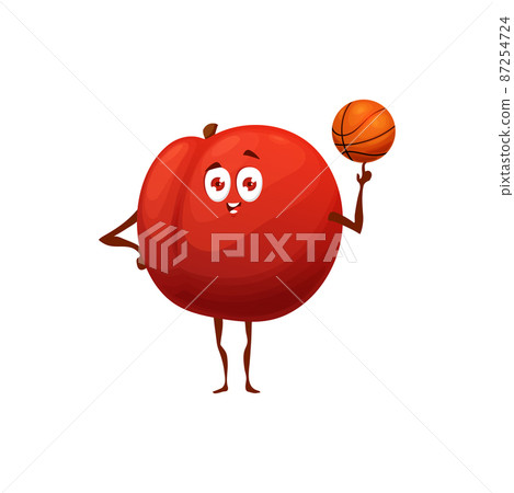 Peach fruit with basketball ball, vector cartoon food personage icon. Peach playing basketball ball, kids healthy vitamin food or kindergarten sport and athletics team mascot and emoticon 87254724