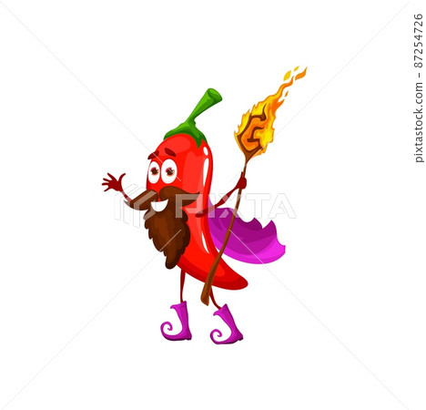 Cartoon mage chili pepper character. Funny vegetable isolated personage, hot seasoning with flaming magical staff of fiery scepter. Happy smiling chilli pepper wizard vector mascot character in cape 87254726