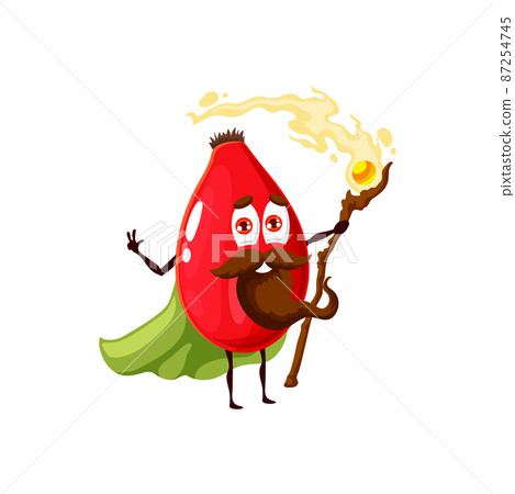Cartoon red rosehip berry wizard, vector magician character with beard and magic staff making spell. Funny smiling sorcerer in green cape, healthy fascinator personage, natural food wiz conjurer 87254745