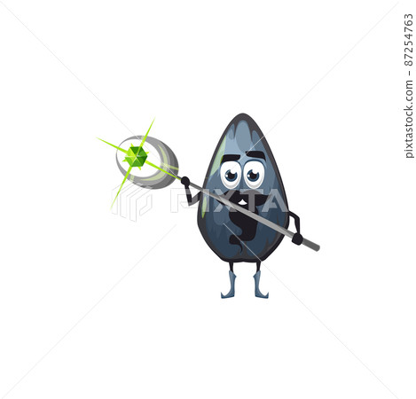 Sunflower seed magician with magic wand or wizard stick cane, vector cartoon character. Kids fairy tale food personage, sunflower seed as sorcerer with magic gemstone in stick Sunflower seed magician with magic wand or wizard stick cane, vector cartoon character. Kids fairy tale food personage, sunflower seed as sorcerer with magic gemstone in stick 87254763
