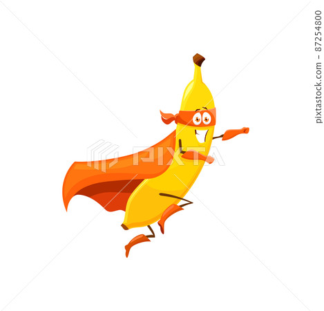 Funny cartoon banana fruit superhero character. Vector isolated flying super hero personage in cape, boots, gloves and mask fly with raised arm. Fairy tale healthy food, smiling character Funny cartoon banana fruit superhero character. Vector isolated flying super hero personage in cape, boots, gloves and mask fly with raised arm. Fairy tale healthy food, smiling character 87254800