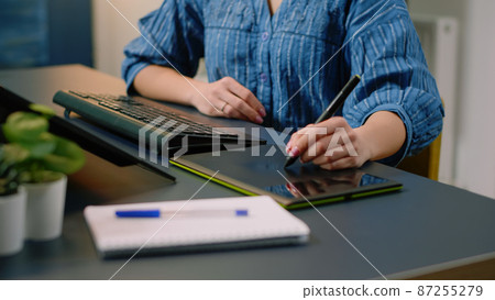 Woman photographer retouching photos with graphic tablet 87255279