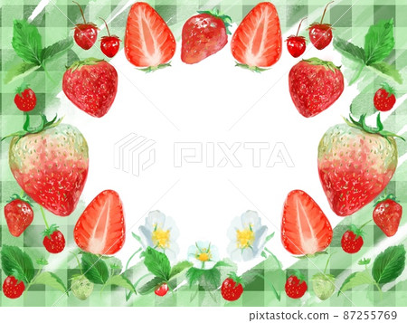 Watercolor frame card illustration of fresh strawberries and white flowers and plants 87255769