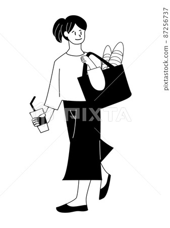 Illustration of a woman walking with a bag 87256737