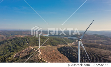 Aerial view wind turbine eco friendly renewable energy concept on Portuguese mountains background. 87258536