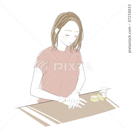 一個女人戴著絲綢手套進行手部護理的插圖 一個女人戴著絲綢手套進行手部護理的插圖 87258833