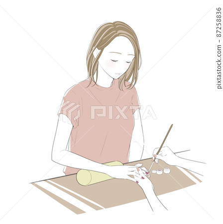 Illustration of a woman getting nailed at a nail salon 87258836