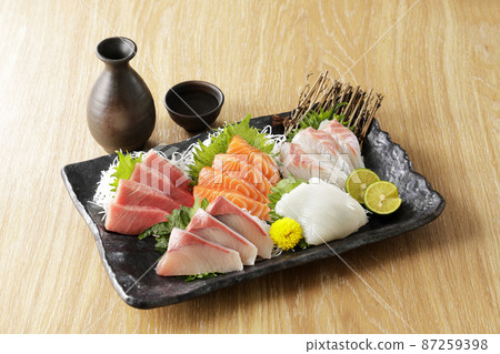 Assorted sashimi such as tuna, salmon and yellowtail Assorted sashimi such as tuna, salmon and yellowtail 87259398