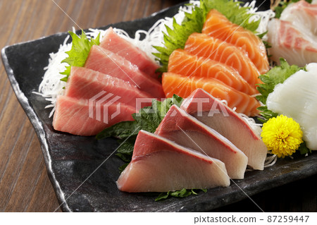 Assorted sashimi such as tuna, salmon and yellowtail Assorted sashimi such as tuna, salmon and yellowtail 87259447