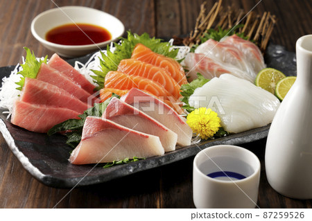 Assortment of sake and sashimi such as bluefin tuna and salmon Assortment of sake and sashimi such as bluefin tuna and salmon 87259526