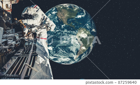 Astronaut spaceman do spacewalk while working for spaceflight mission 87259640