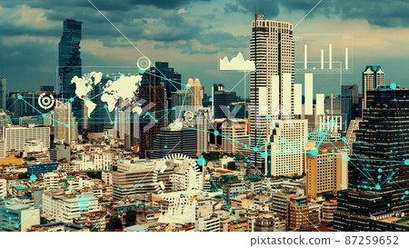 Business data analytic interface fly over smart city showing alteration future Business data analytic interface fly over smart city showing alteration future 87259652