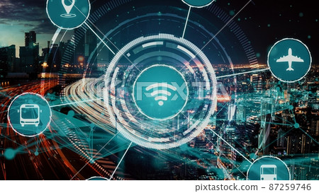 Smart transport technology concept for future car traffic on newish city road Smart transport technology concept for future car traffic on newish city road 87259746