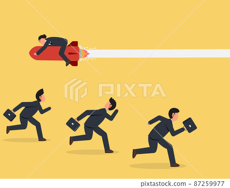 Businessman flying with rocket in different direction. unique way to win business competition 87259977