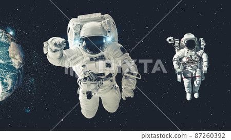 Astronaut spaceman do spacewalk while working for spaceflight mission 87260392