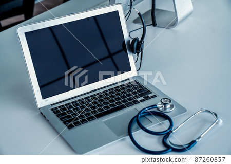 Headset and doctor equipment at clinic ready for actively support for patient Headset and doctor equipment at clinic ready for actively support for patient 87260857