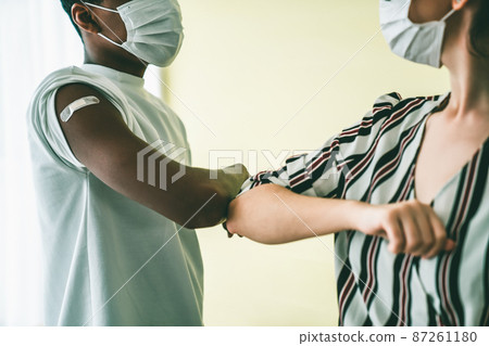 Smiling young people wearing face masks greeting merrily by bumping elbows 87261180