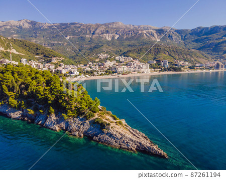 Aerophotography. View from flying drone. Panoramic cityscape of Budva, Montenegro. Top View. Beautiful destinations 87261194