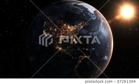 Planet earth with realistic geography surface and orbital 3D cloud atmosphere 87261384