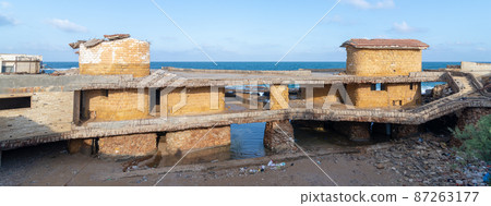 Deteriorated cabin of Egyptian formal president Muhammad Anwar el-Sadat located in Montaza Park, Alexandria, Egypt Deteriorated cabin of Egyptian formal president Muhammad Anwar el-Sadat located in Montaza Park, Alexandria, Egypt 87263177